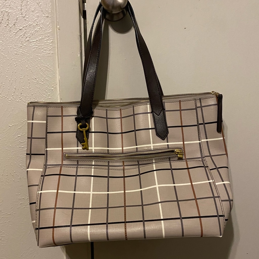 Fossil Devon Gray Plaid Tote Purse
